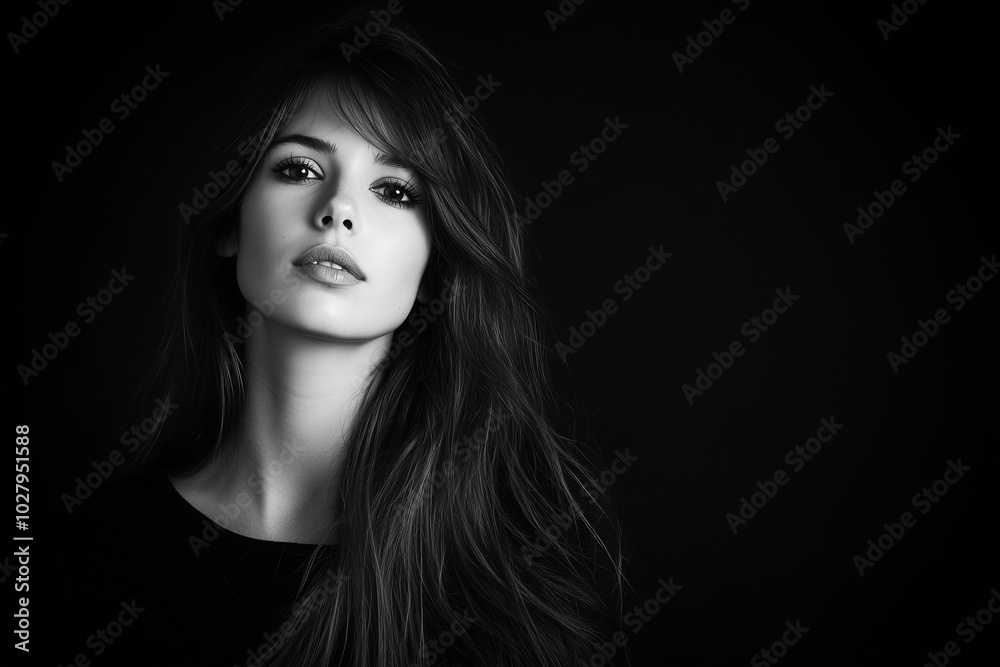 A beautiful woman with long hair, isolated on a black background, in black-and-white photography. A beautiful woman with long hair, isolated on a black background, in black-and-white photography.