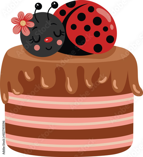 Cute ladybug sleeping on a tasty strawberry cake