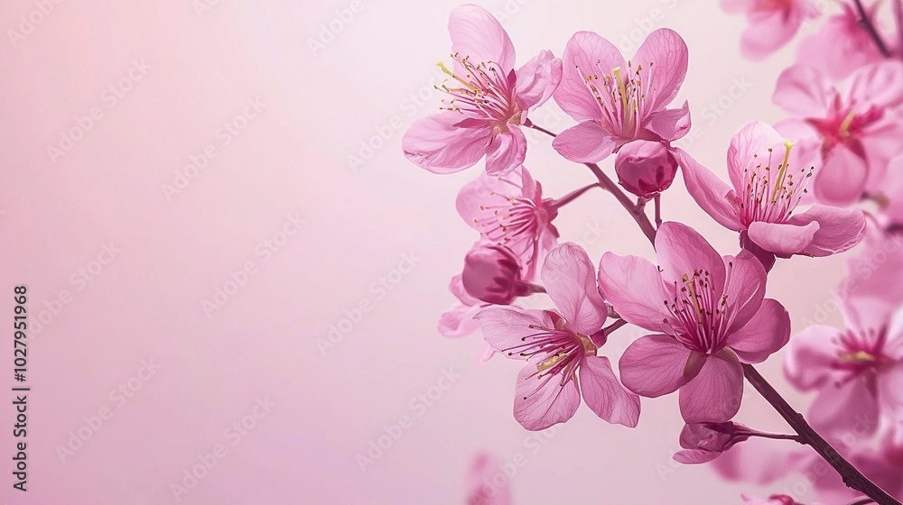 A close-up of a pink flower on a branch surrounded by numerous pink blooms in the foreground against a softly pink backdrop A close-up of a pink flower on a branch surrounded by numerous pink blooms in the foreground against a softly pink backdrop