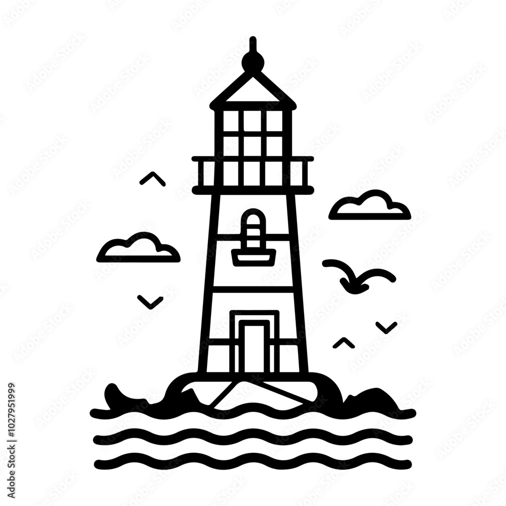 lighthouse icon or modern line symbol. Vector line art and icon design with bold outline. Black and white Pixel Perfect minimalistic symbol isolated white background. Silhouette simple thin sign lighthouse icon or modern line symbol. Vector line art and icon design with bold outline. Black and white Pixel Perfect minimalistic symbol isolated white background. Silhouette simple thin sign