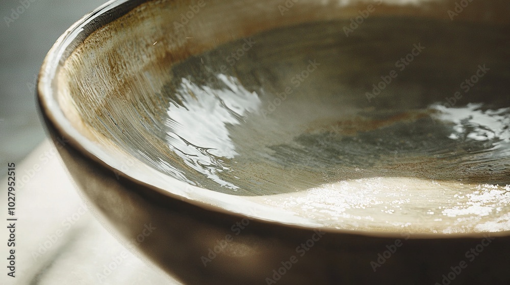 A bowl filled with water on a table with a spoon centered inside it A bowl filled with water on a table with a spoon centered inside it