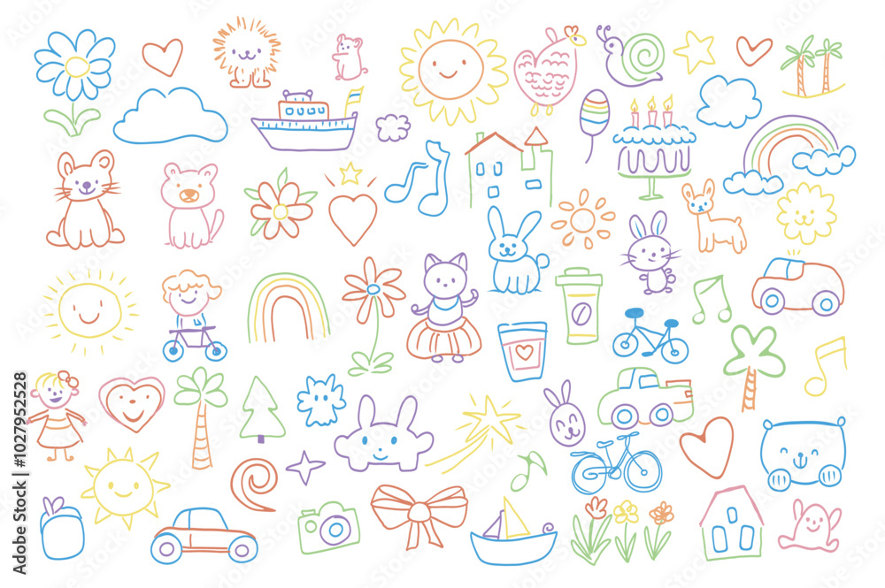 Cute hand drawn doodles mega set elements in flat graphic design. Collection objects of flowers, hearts, clouds, lion, ship, sun, snail, stars, palm, rainbow, cat, dog and other. Vector illustration. Cute hand drawn doodles mega set elements in flat graphic design. Collection objects of flowers, hearts, clouds, lion, ship, sun, snail, stars, palm, rainbow, cat, dog and other. Vector illustration.