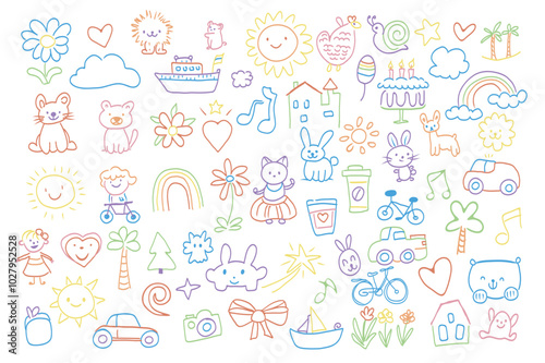 Cute hand drawn doodles mega set elements in flat graphic design. Collection objects of flowers, hearts, clouds, lion, ship, sun, snail, stars, palm, rainbow, cat, dog and other. Vector illustration.