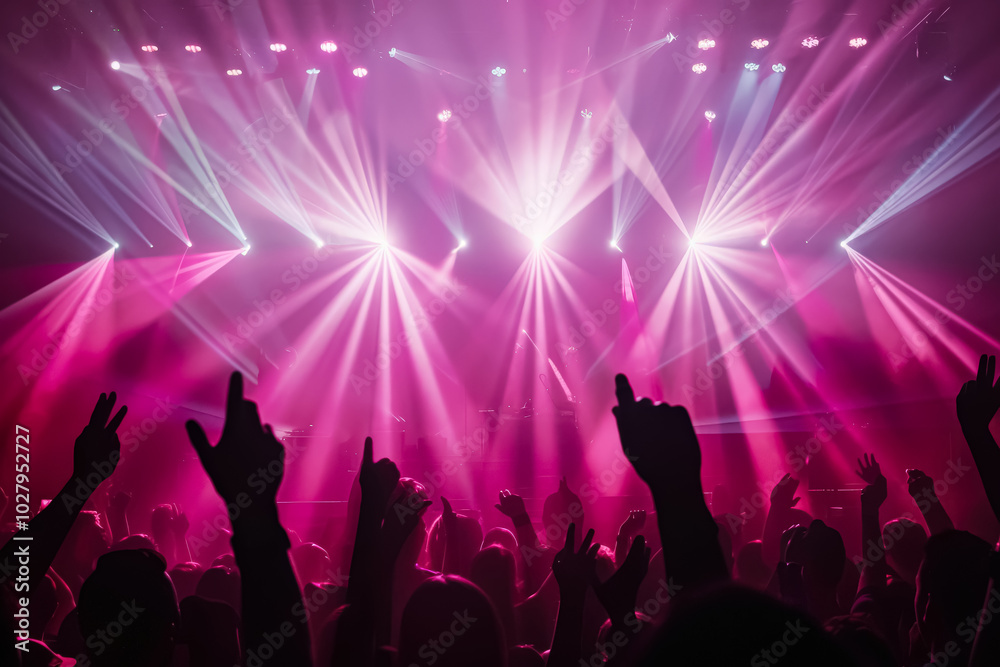Large crowd of people are gathered in a concert hall, with the stage lit up by bright lights. The atmosphere is energetic and lively, with everyone enjoying the music and the performance Large crowd of people are gathered in a concert hall, with the stage lit up by bright lights. The atmosphere is energetic and lively, with everyone enjoying the music and the performance