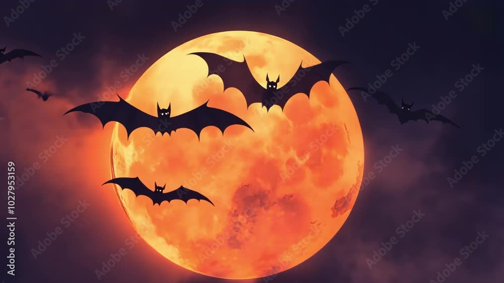 Three bats flying in front of a large orange moon. Three bats flying in front of a large orange moon.