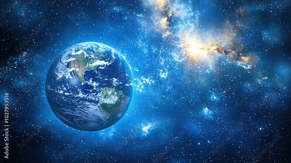 Obraz premium A photo of Earth from space, with the sun in the foreground and stars in the background