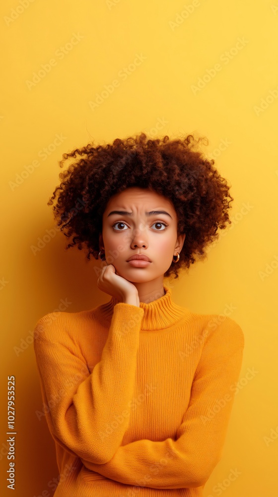 Black Young woman with curly afro hair looks frustrated and concerned in a studio against a yellow background, wearing a turtleneck sweater Black Young woman with curly afro hair looks frustrated and concerned in a studio against a yellow background, wearing a turtleneck sweater