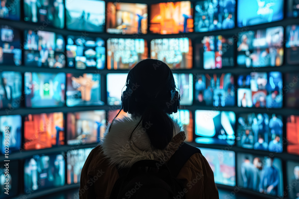 Woman is wearing headphones and looking at a large number of television screens. The screens are displaying various images and the woman is focused on one particular screen Woman is wearing headphones and looking at a large number of television screens. The screens are displaying various images and the woman is focused on one particular screen