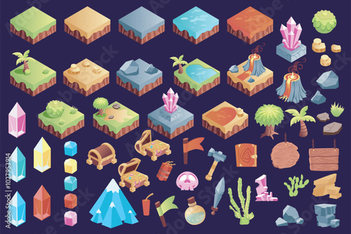 Isometric game landscape mega set elements in flat graphic design. Collection objects of building assets with grass, sand, sea platforms, flag, bottle, sword, book, other signs. Vector illustration.