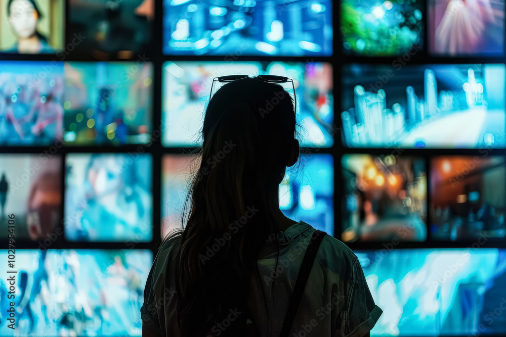Woman is wearing headphones and looking at a large number of television screens. The screens are displaying various images and the woman is focused on one particular screen Woman is wearing headphones and looking at a large number of television screens. The screens are displaying various images and the woman is focused on one particular screen