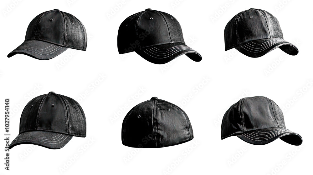Collection of Black Baseball Caps Arranged on a White Background Generative AI Collection of Black Baseball Caps Arranged on a White Background Generative AI