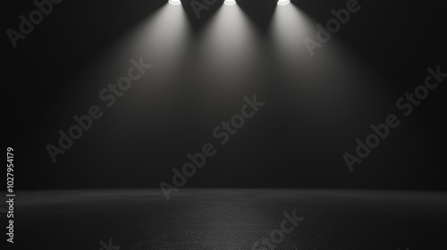 Dark stage lit by three focused lights, creating a dramatic atmosphere with a reflective surface.