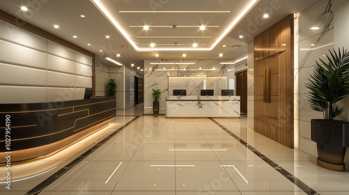 A contemporary office lobby featuring polished tile flooring, stylish seating, sophisticated lighting, and elegant reception desks for a welcoming ambiance.