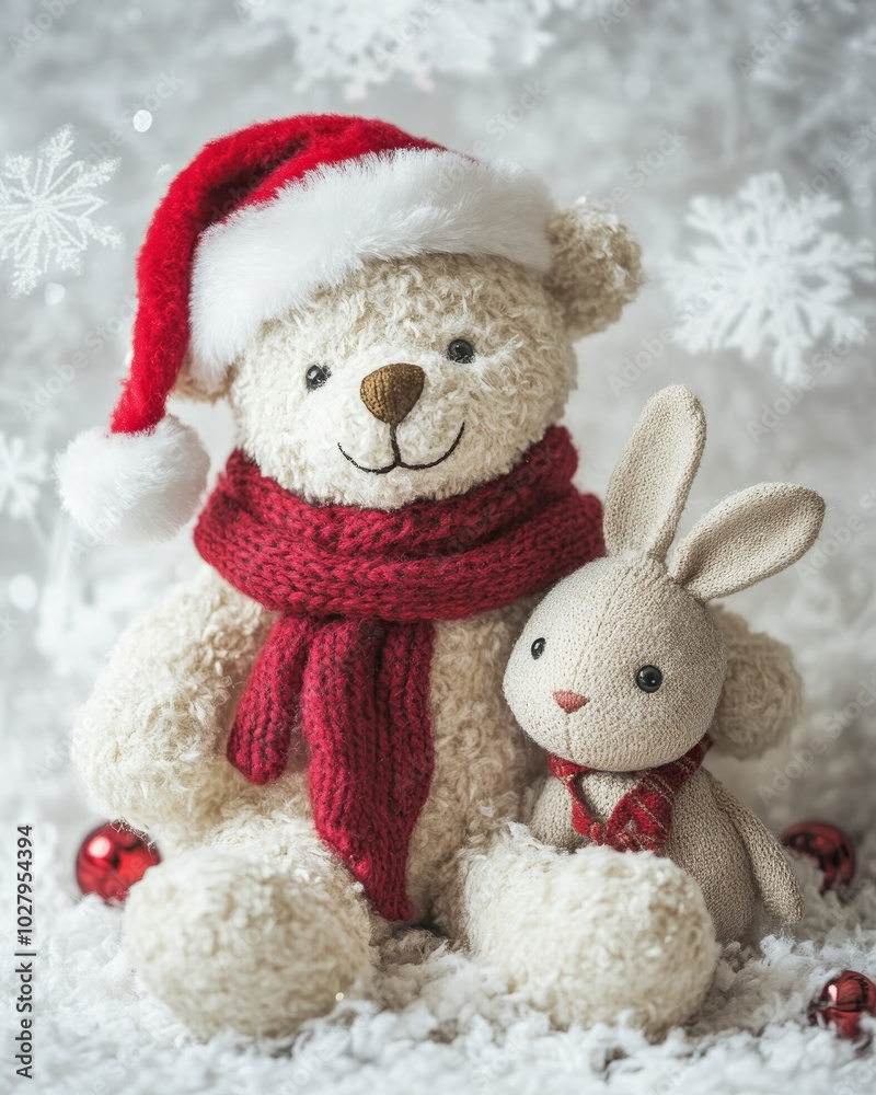 Festive toy bear in santa hat and rabbit in red scarf amidst cheerful christmas decor Festive toy bear in santa hat and rabbit in red scarf amidst cheerful christmas decor