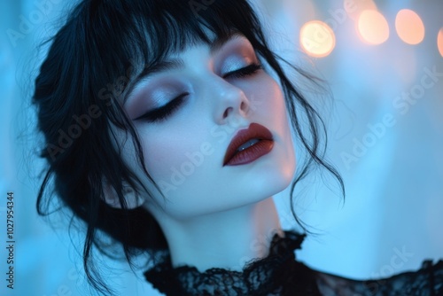 Close-up portrait of a confident woman with bold lipstick and dramatic makeup