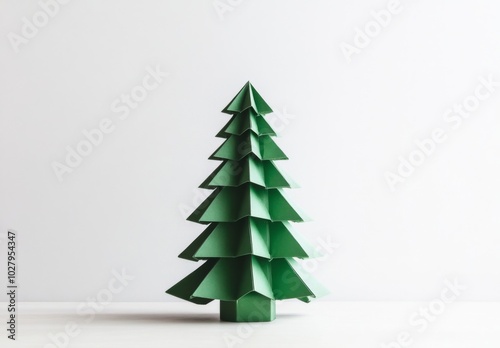 Minimalist Christmas Tree Illustration Made of Simple Geometric Shapes on a White Background, Featuring a Clean Design and Vibrant Green Color for a Modern Holiday Look.