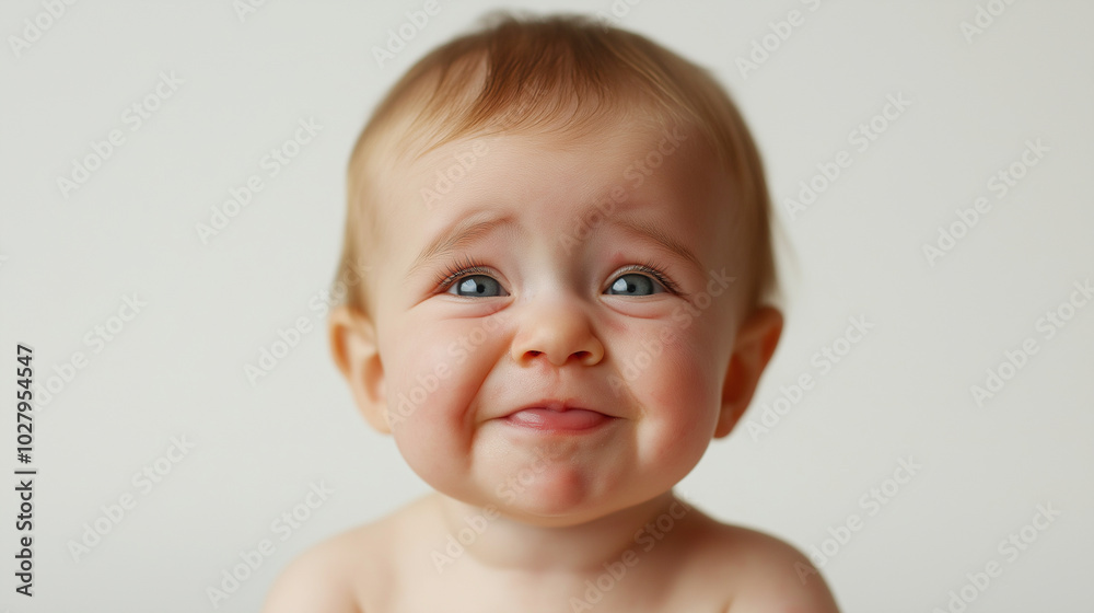 Close up studio portrait of cute little baby looking at camera. Kid isolated on white background. Close up studio portrait of cute little baby looking at camera. Kid isolated on white background.