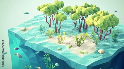 Fototapeta Naklejka Na Ścianę i Meble -  This image depicts a vibrant low-poly design featuring a mangrove forest on an oceanic landscape, highlighting abstract aquatic life and a serene environment.