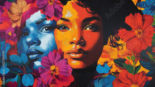 street art graffiti backdrop with a colorful mural of a woman's face surrounded flowers painted on an urban brick wall