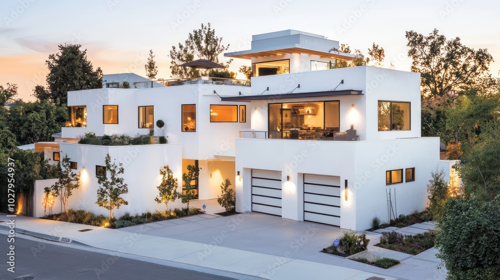 Fototapeta premium Elegant modern home at dusk featuring white walls, a spacious garage, rooftop terrace, warmly lit, with a driveway and corner garden