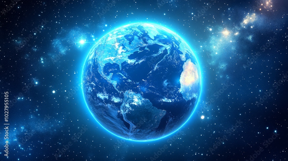 A stunning glowing blue planet set against a vibrant, bright background in the vastness of space.