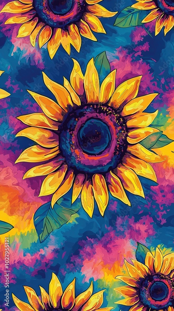 A painting of three sunflowers on a blue and pink tie-dye background with green leaves on either side of the sunflower A painting of three sunflowers on a blue and pink tie-dye background with green leaves on either side of the sunflower
