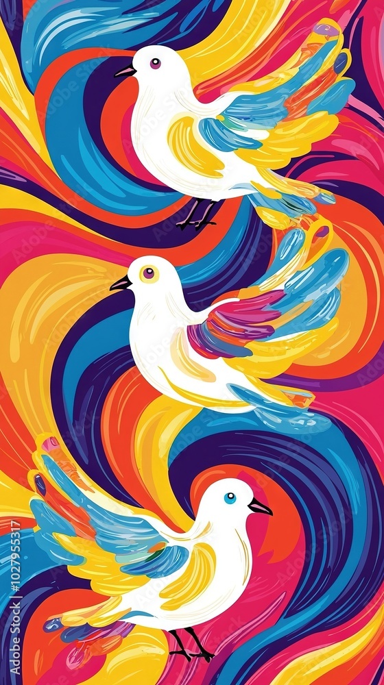 Obraz premium Two colorful birds with swirling patterns against a vibrant background of red, yellow, blue, and pink, featuring the letter 'A' in the center
