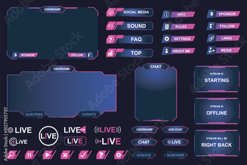 Twitch streaming interface mega set elements in flat graphic design. Collection objects of neon glow style online game and video stream menu with buttons, bars, huds, information. Vector illustration.