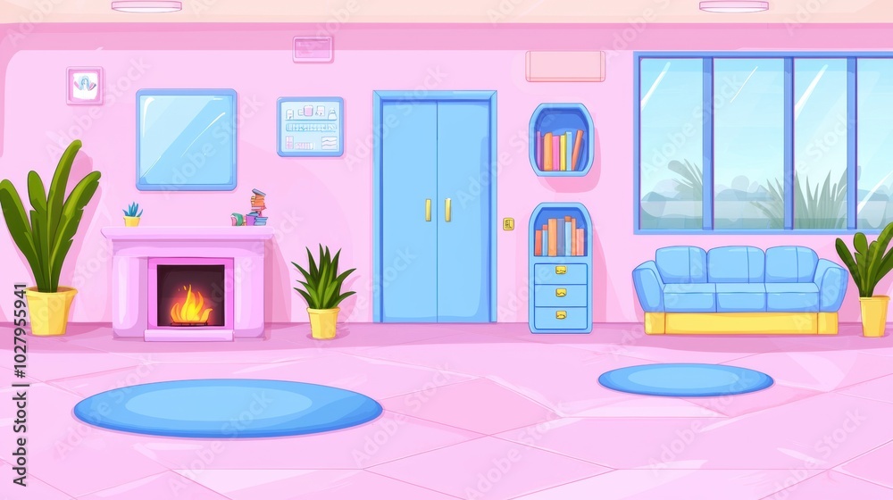 Cozy Pink Living Room with Fire and Plants Cozy Pink Living Room with Fire and Plants