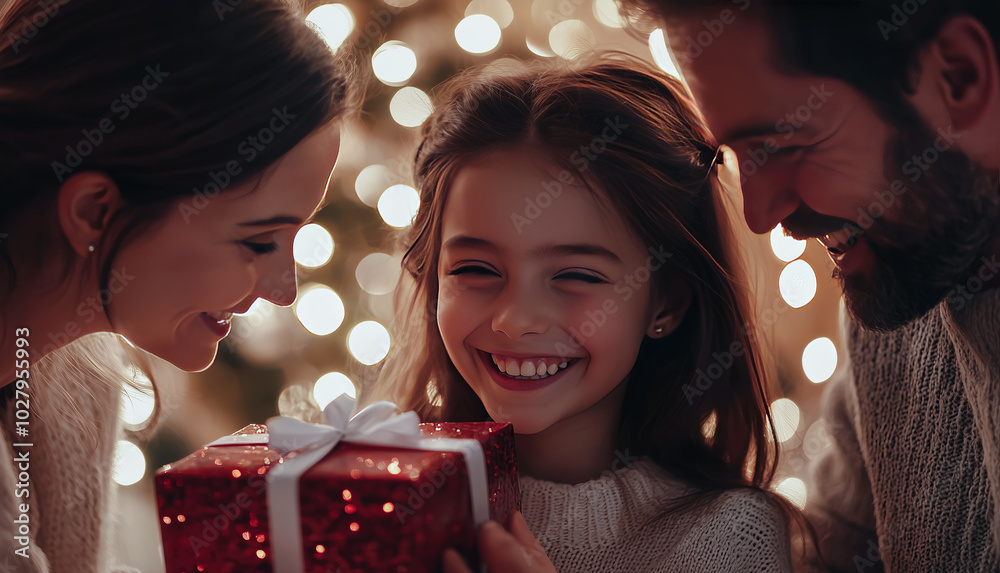 A joyful family scene captures parents and their smiling daughter exchanging gifts indoors. The warm glow of Christmas lights enhances the festive and loving atmosphere, holiday season family