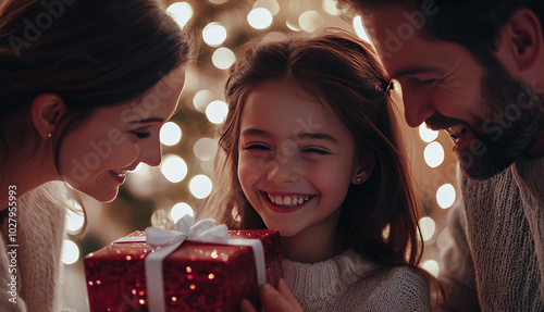 Obraz na płótnie A joyful family scene captures parents and their smiling daughter exchanging gifts indoors. The warm glow of Christmas lights enhances the festive and loving atmosphere, holiday season family w salonie