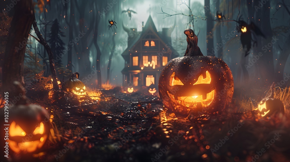 Fototapeta premium Halloween background with pumpkins and haunted house