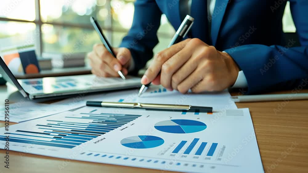 Businessman analyzing financial charts on paper Businessman analyzing financial charts on paper