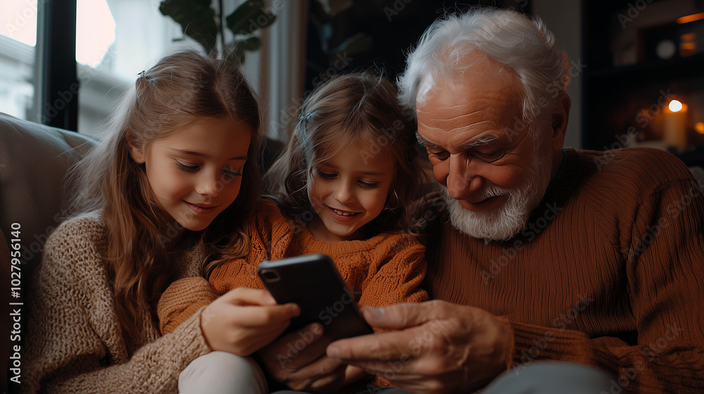 A loving grandfather spends quality time with his two granddaughters as they explore a smartphone together, creating cherished family moments at home. The image conveys warmth, joy, and connection.