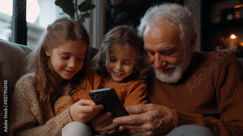 Obraz na płótnie A loving grandfather spends quality time with his two granddaughters as they explore a smartphone together, creating cherished family moments at home. The image conveys warmth, joy, and connection. w salonie