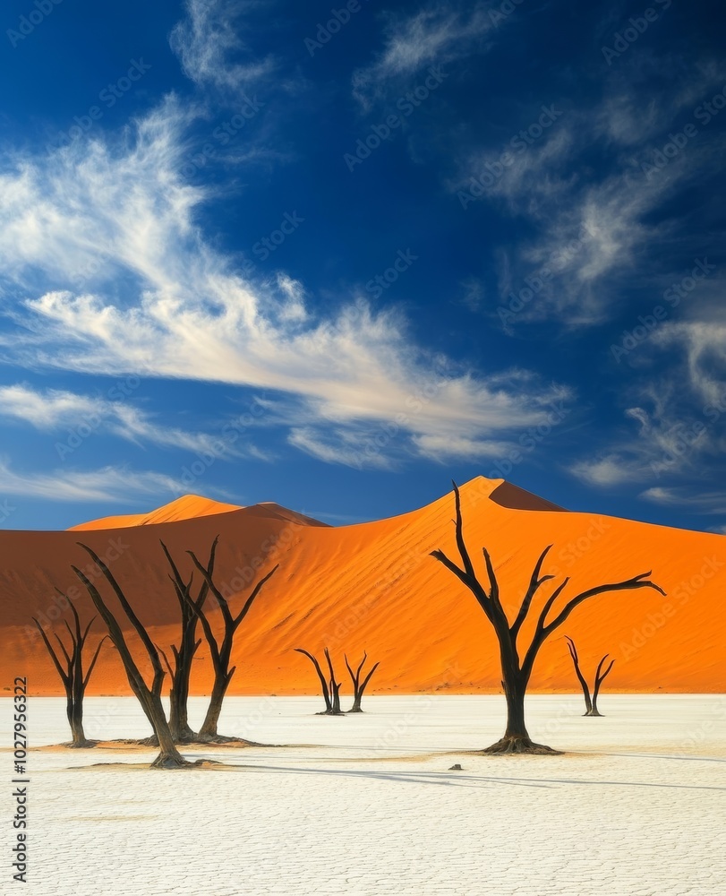Dead trees rise from white salt flats, contrasting with vibrant orange sand dunes and a striking blue sky filled with clouds Dead trees rise from white salt flats, contrasting with vibrant orange sand dunes and a striking blue sky filled with clouds