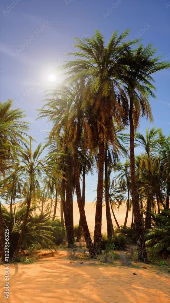 A sandy area with palm trees under a bright sun, creating a tropical beach scene. A sandy area with palm trees under a bright sun, creating a tropical beach scene.