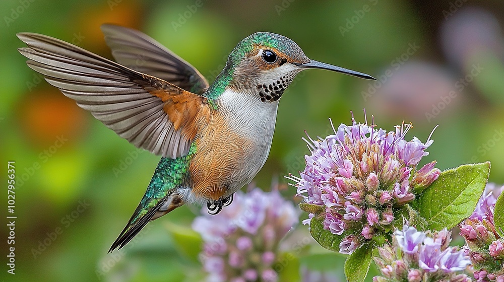 Fototapeta premium Hummingbird perched on flower against backdrop of leafy greenery and purple blooms