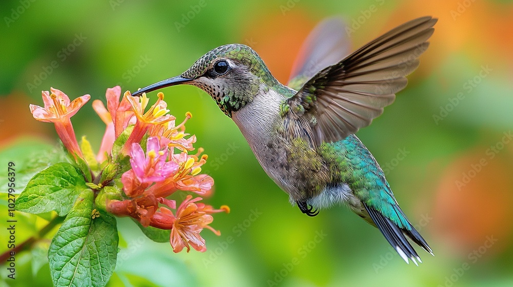 Hummingbird feeds on blurred flower surrounded by leafy foreground Hummingbird feeds on blurred flower surrounded by leafy foreground