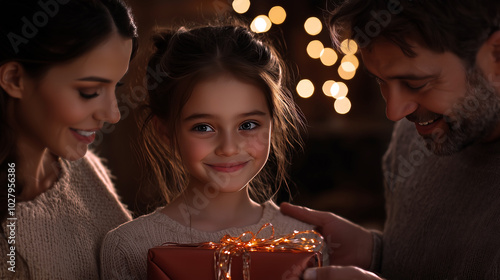 Obraz na płótnie A heartwarming moment of a young girl smiling as her parents present her with a beautifully wrapped gift. The cozy indoor setting is illuminated by warm, festive lights in the background. w salonie