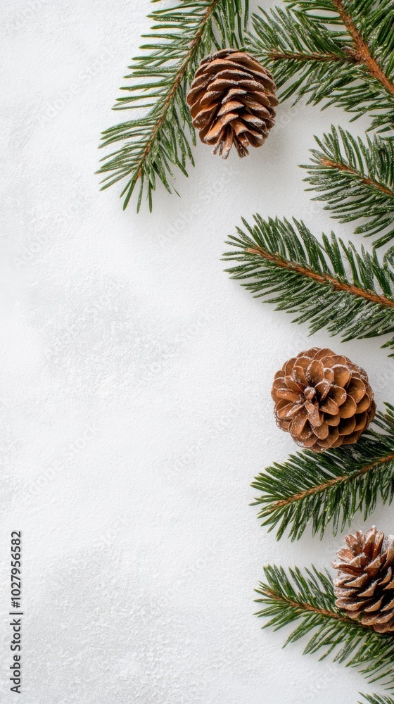 Detailed view of a frosted pine cone among spruce branches. Suitable for holiday cards and festive backgrounds. Detailed view of a frosted pine cone among spruce branches. Suitable for holiday cards and festive backgrounds.