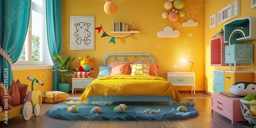 Small cute fantasy 3D fiber felt children's bedroom, colorful, creative, soft and cozy effect
