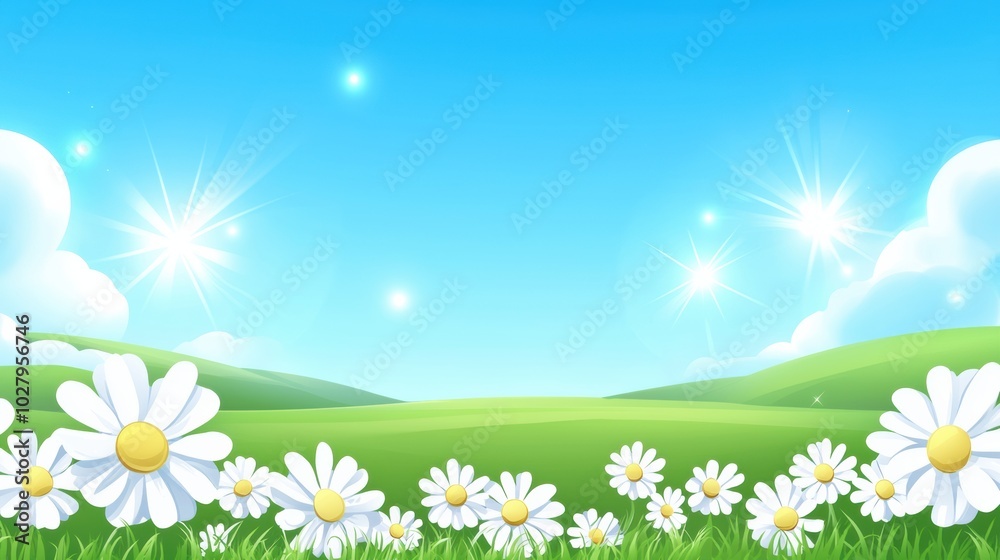 Fototapeta premium Bright Sunny Day with Daisies and Blue Sky