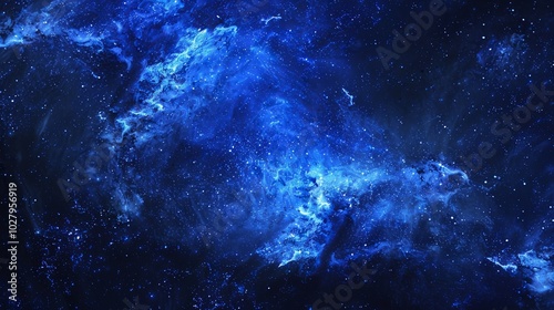 Blue nebula is swirling in deep space surrounded by thousands of twinkling stars
