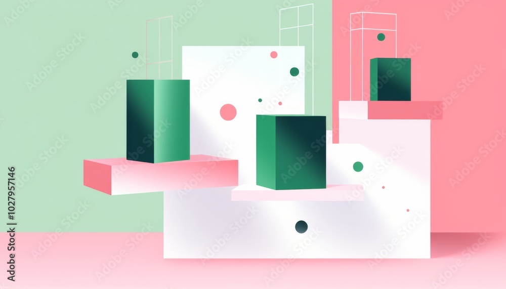 Floating Gift Boxes in Pink and Green with Bold Geometric Patterns on a White Background.