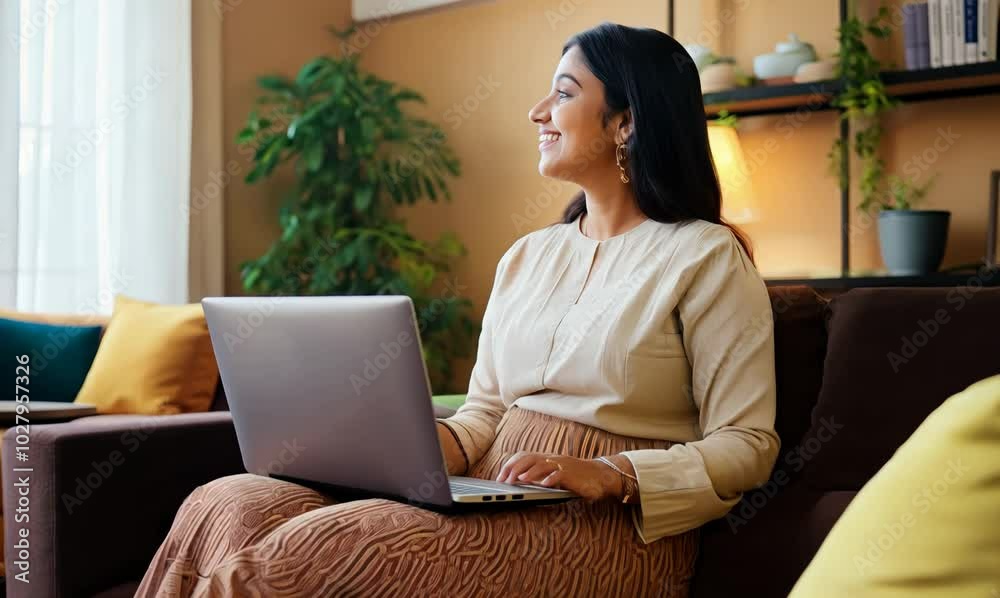 Indian Woman Working on Laptop in Cozy Living Room Indian Woman Working on Laptop in Cozy Living Room