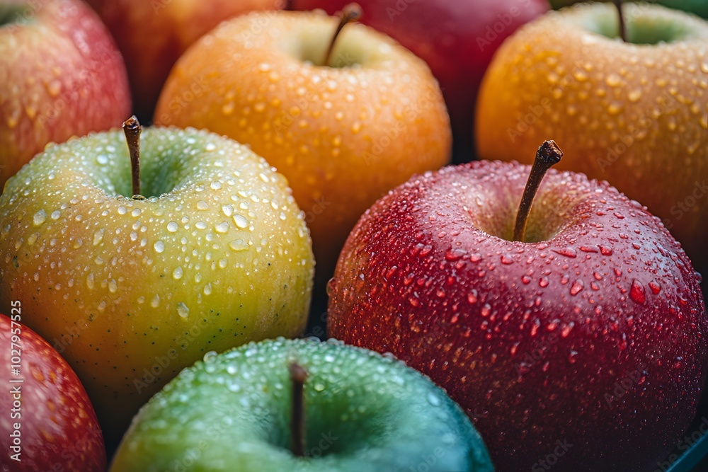 A close-up of a vibrant assortment of organic apples, with dew drops and a glossy finish, arranged neatly on a supermarket display A close-up of a vibrant assortment of organic apples, with dew drops and a glossy finish, arranged neatly on a supermarket display