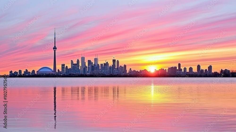 Fototapeta premium Vibrant Sunset over Toronto Skyline Reflection