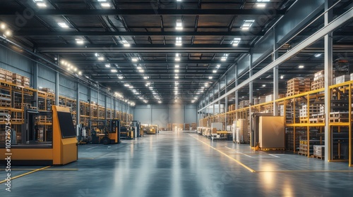 An empty warehouse with two forklifts, shelves, and boxes.