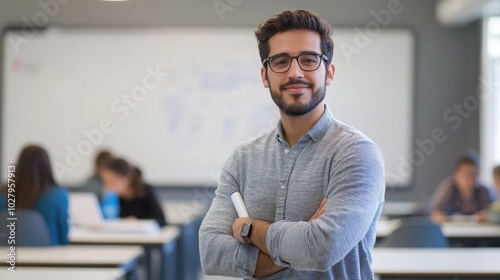 A clear, detailed portrait of a teacher standing confidently in a modern classroom